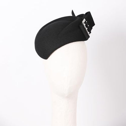 Women Wool Derby Hat for Women Pillbox Hat Wedding Hats Felt Bowknot Fascinators - color: 413 Black