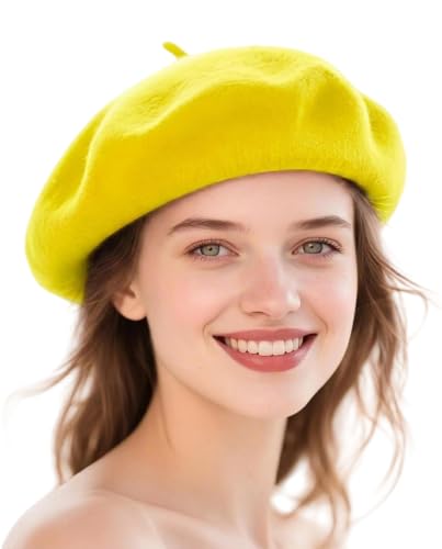 Wool French Beret Hats for Women Classic Winter Beanie Cap - color: Yellow