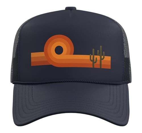 Retro Desert Sunset, Vintage Southwest Cactus Landscape Trucker Hat with Adjustable Mesh Back - color: Navy Blue