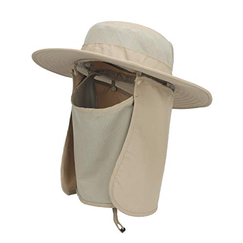 Outdoor Sun Hat UPF 50 Protection Waterproof Fishing hat Face Cover Summer Neck Flap Hat - color: Kakhi