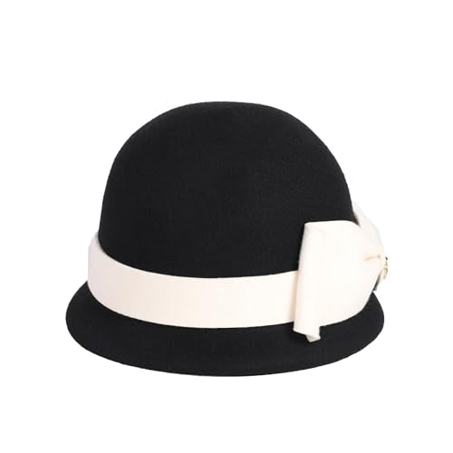 Women Solid Color 100% Wool Winter Hat Women Cloche Bucket Bowler with Bowknot - color: Black With Cream Bow