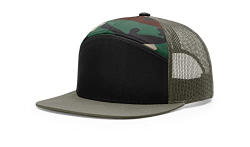 Richardson 168 168P Hat 7-Panel Trucker Cap Hi-Pro Snapback Cap Camo Hat Adjustable Baseball Hat Blank Hat Bulk Hats - color: Black/Camo/Loden