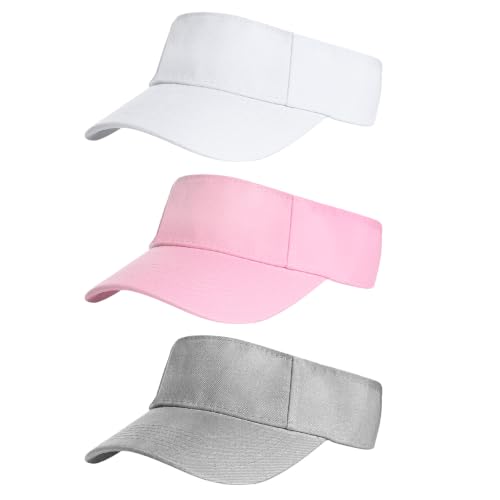Yookat 3 Pack Visor Sun Hat Adjustable Sun Visor Caps Golf Tennis Visor Hat for Sports Girls Boys Outdoor - color: White, Pink, Gray