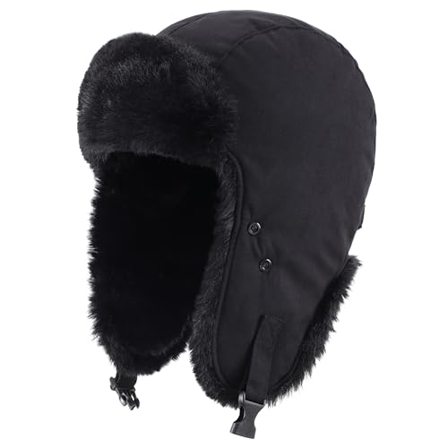 Connectyle Aviator Trapper Hat for Men Women Faux Fur Warm Winter Hat with Ear Flaps Faux Suede Ushanka Cold Weather Hats - color: Black