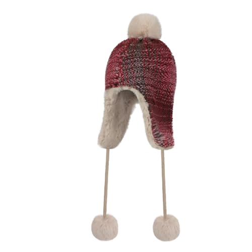 Women Winter Pompom Beanie Hat Fleece Lined Earflap Snow Ski Cap Sherpa Crochet Ushanka Skull Cap Outdoors Ear Cover - color: Red