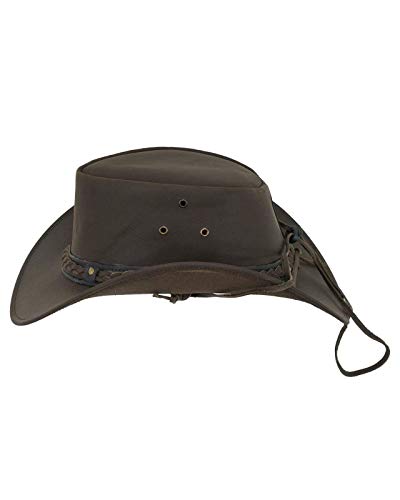 Outback Trading Men's 1367 Wagga UPF 50 Breathable Leather Western Hat with Adjustable Chin Cord with Braided Hatband - color: Chocolate, size: Small