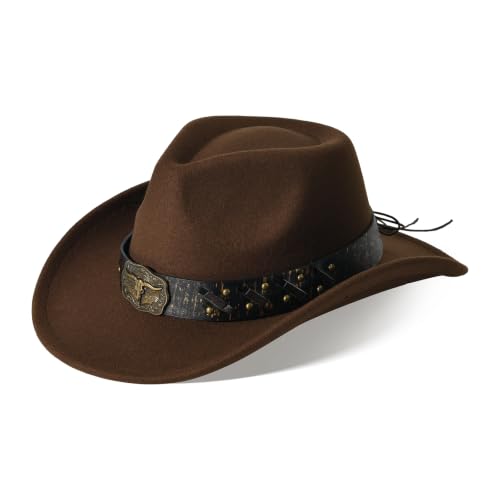 Classic Western Cowboy Hat Cowgirl Hat Unisex Men's & Women's Wide Brim Felt Fedora Hat Flat Top with Buckle Belt - color: Brown 1#, size: 7-7 1/4
