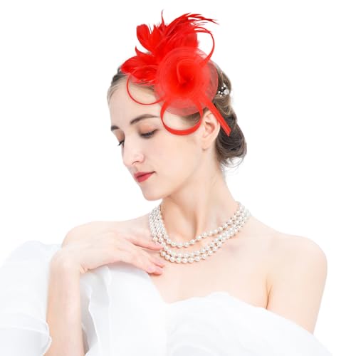 Tulle Flower Fascinators Hats for Women 2025 Derby Outfits for Women Tea Party Derby Hats - color: Red