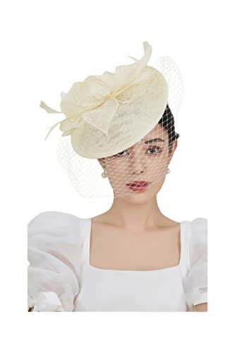 BABEYOND Fascinators Hats for Women Pillbox Kentucky Hat with Feather Veil - color: Off-white