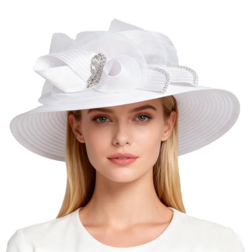 Wedding Bridal Church Party Derby Hats for Women Bow Formal Bowler Hat Wide Brim Fascinator Flat Top Fedora Hats - color: White