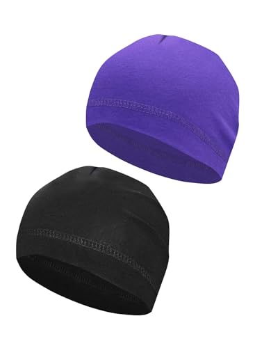 Cotton Skull Caps Lightweight Summer Beanie Hat Thin Sleep Sleeping Hats Chemo Caps Running Helmet Liner - color: Black & Purple
