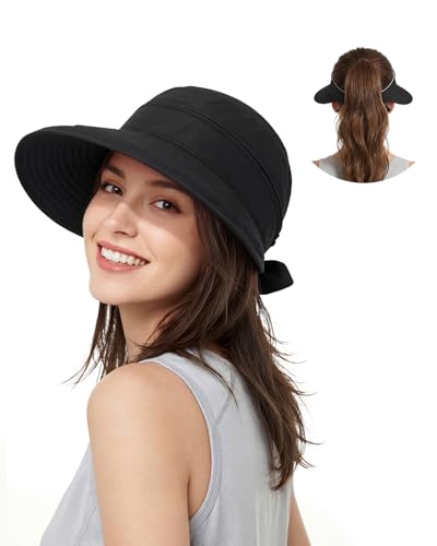 Century Star Sun Hat for Women Wide Brim Zip-Off Beach Hat Visor Ponytail UV Protection Summer Visors - color: Black