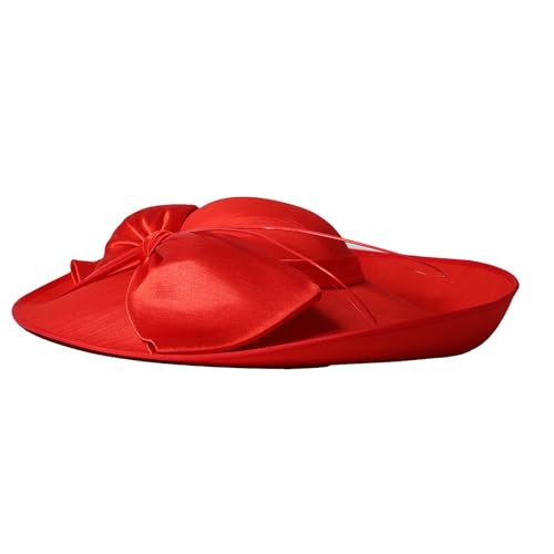 Big Wide Brim Fascinator Hats for Women Ladies Kentucky Tea Party Dress Flat Top Fedoras Hat with Bow Feather - color: Red 1