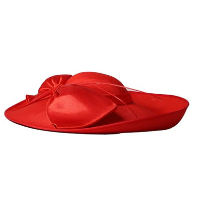 Big Wide Brim Fascinator Hats for Women Ladies Kentucky Tea Party Dress Flat Top Fedoras Hat with Bow Feather - color: Red 1