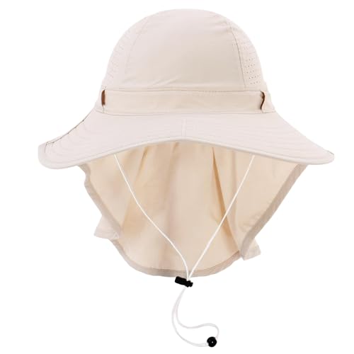 Sun Hats for Men Women with Neck Flap UPF 50+ UV Protection Wide Brim Bucket Hat Safari Hiking Fishing Hats - color: Beige