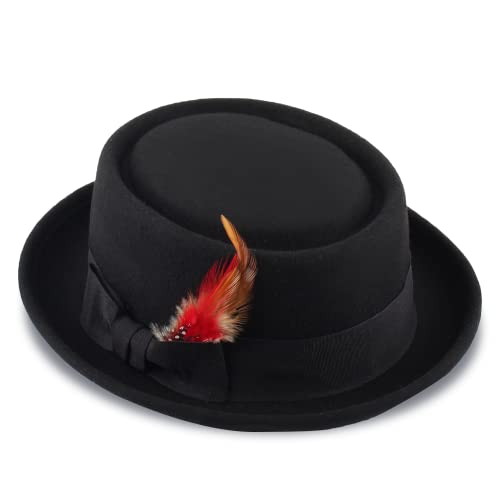 Pork Pie Hat for Men/Women Wool Felt Fedora Boater Porkpie Flat Top Derby Black - size: 라지