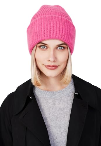 Style Republic Women’s Chunky Knit Beanie, 100% Pure Cashmere Cap, Soft & Stretchy, Warm Hat for Autumn, Winter, Spring - color: Neon Pink