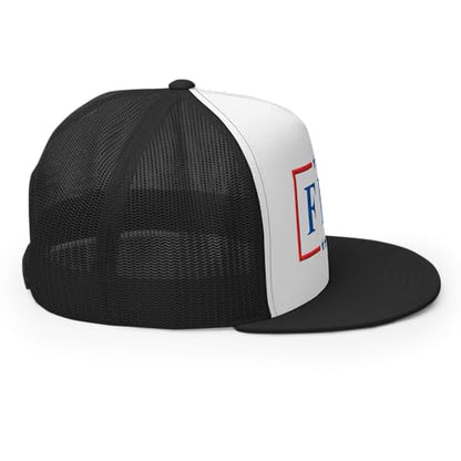 NX FDT Embroidered Flat Bill Trucker Hat High Crown Adjustable FDT Hat - color: Black/ White/ Black