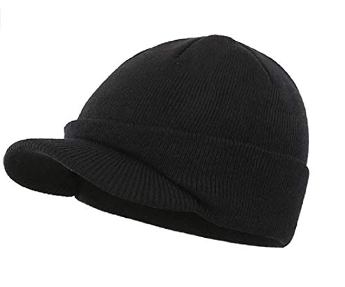 Solid Classic Black Hunting Hunter Military Knit Beanie Stocking Ski Cap Winter Billed Cadet Hat Visor