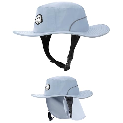 Tontron Surf Bucket Hat with Chin Straps and Neck Flap for Surfing, SUP,Kayaking,and Watersports - color: Grey, size: Large