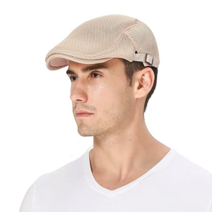 DIYDECAL Mens Breathable Mesh Summer Hat Adjustable Newsboy Beret Ivy Cap Cabbie Flat Cap - color: Beige