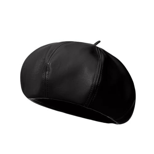 Women Classic PU Leather French Beret Beanie Hat Pumpkin Cap - color: Black B#