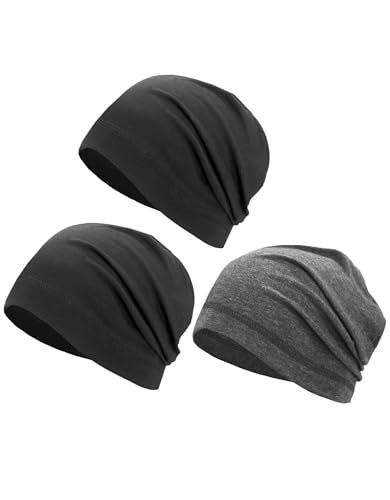 Cotton Summer Beanie Hats Lightweight Skull Caps Soft Thin Sleep Sleeping Hat Light Cancer Chemo Cap Helmet Liner - color: Black, Heather Grey, Black