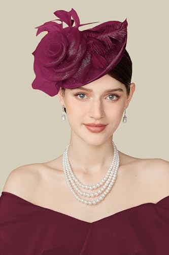 BABEYOND Fascinators Hats for Women Tea Party Mesh Flower Pillbox Derby Hat - color: Wine Red