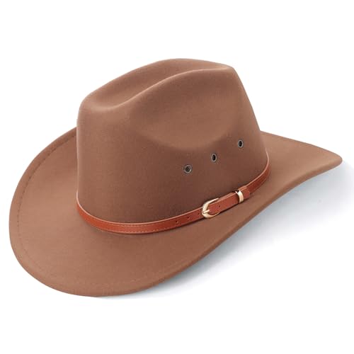 AQOKKA Western Cowboy Hats for Women Classic Felt Wide Brim Fedora Hat with Belt Buckle Retro Panama Hat Unisex Rolled up Cap - color: K-fedora Hat : Khaki, size: Medium