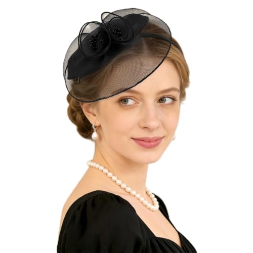 Fascinator Hat for Women Vintage Derby Hat Tea Party & Church Headpiece with Headband and Clip - color: Black