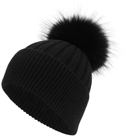 Women Real Fur Pom Pom Winter Ribbed Cuffed Knit Beanie Hat - color: Rc Black 2