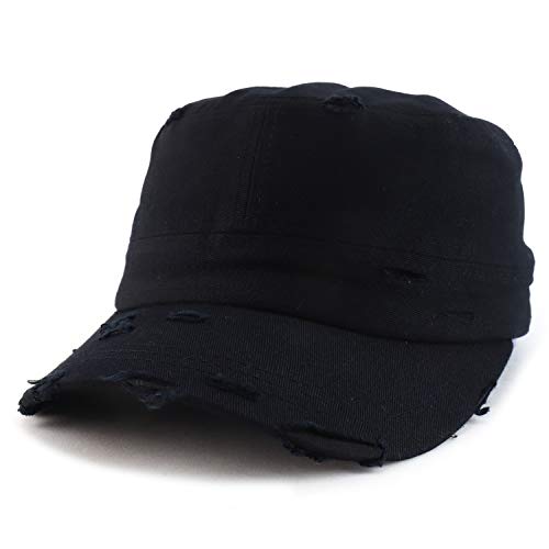 Armycrew Military Cadet Style Flat Top Distressed Vintage Cap - color: Black