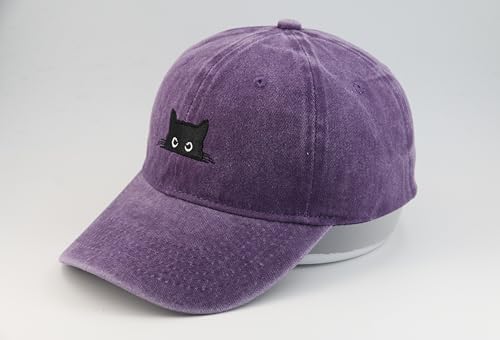 Peeking Black Cat Embroidered Washed Baseball Cap, Adjustable Vintage Dad Hat for Cat Lovers Unisex - color: Purple