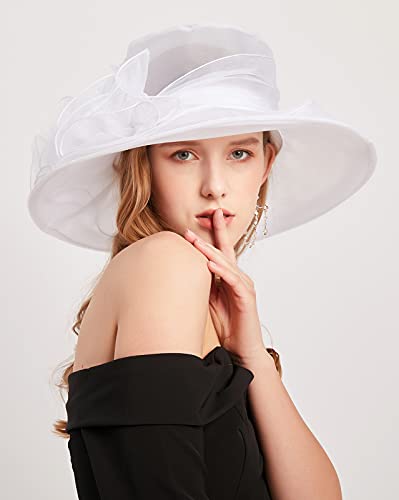 Women's Kentucky Derby Church Dress Hat Wide Brim Leaf Flower Bridal Shower Hat - color: G3 White
