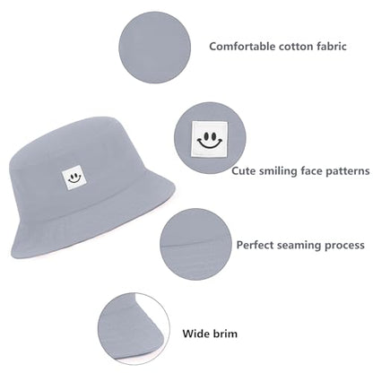 Kids Sun Hat Smile Face Bucket Hat for Girls Boys Summer Sun Protection Cotton Unisex Beach Cap - color: Grey