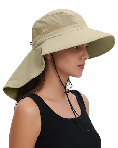 Sun Hat UPF50+, Breathable Wide Brim Bucket Hat Outdoor for Hiking Garden - color: Khaki