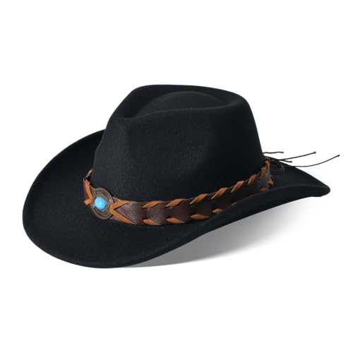 Classic Western Cowboy Hat Cowgirl Hat Unisex Men's & Women's Wide Brim Felt Fedora Hat Flat Top with Buckle Belt - color: Black 8#, size: 7-7 1/4