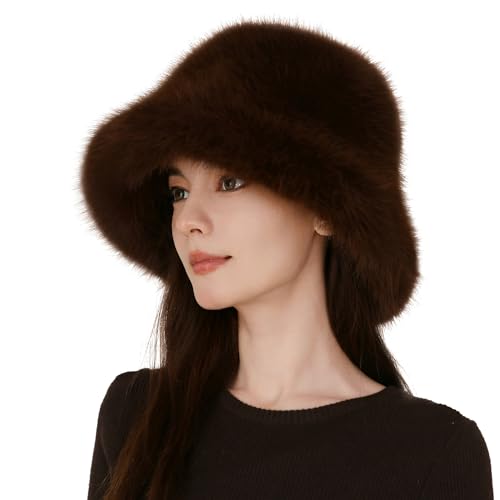 Women's Oversized Faux Fur Bucket Hat, Fluffy Plush Winter Hat, Solid Color - color: Deep Brown