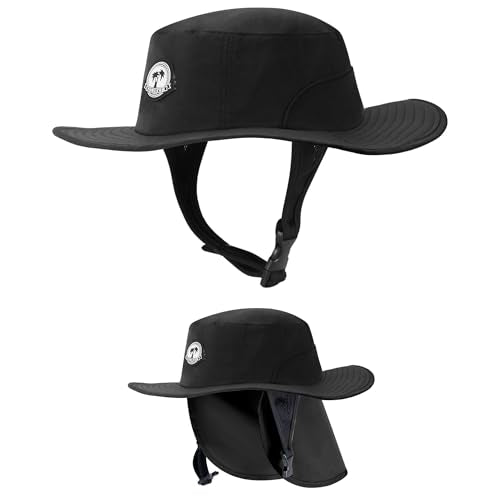 Tontron Surf Bucket Hat with Chin Straps and Neck Flap for Surfing, SUP,Kayaking,and Watersports - color: Black, size: Medium