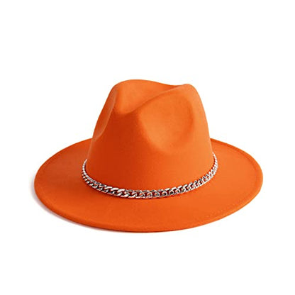 Women Men Wide Brim Fedoran Hat with Chain Belt Buckle - color: Orange