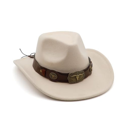 Western Cowboy Hat for Men Cowgirl Hat for Women Unisex Wide Brim Felt Fedora Hats Classic Cowboy Hats - color: Beige