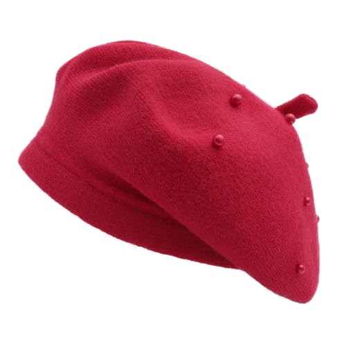 ZLYC Women French Beret Hat Winter Knitted Stretchable Beret Artist Cap - color: Pearls Red