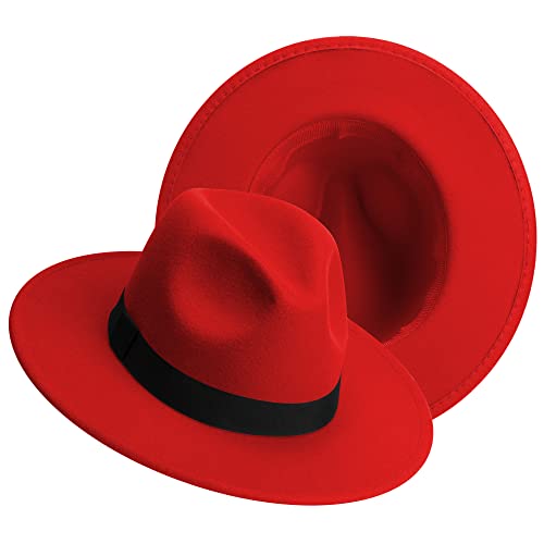 KUJUHA Fedora Hats for Mens/Womens Felt FedoraHats Two Tone Wide Brim Fedora Hats Rancher Hat - color: Red, size: Small-Medium