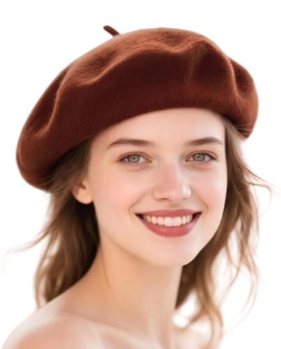 Wool French Beret Hats for Women Classic Winter Beanie Cap - color: Brown