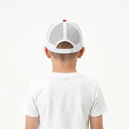 BROMZ Kids Youth American Flag Trucker Hat Flat Bill, Breathable Mesh Back Snapback Baseball Cap for Boys Girls 5-15 Years - color: Blue/Red/Us Flag