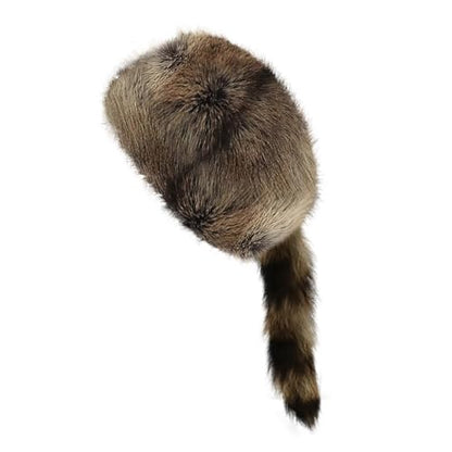 Women's Russian Cossack Hat with Raccoon Tail Furry Trapper Hat Plush Warm Winter Hats for Hunting Faux Fur Ski Cap - color: Deep Brown