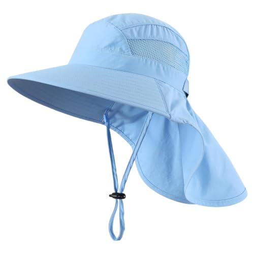 Home Prefer UPF50 Wide Brim Kids Sun Hat Neck Flap Boys Girls Sun Protection Hat for Beach Fishing - color: Light Blue, size: 2-4T