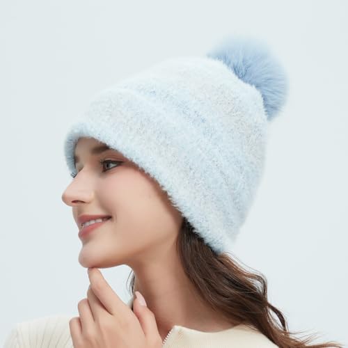 Women‘s Slouchy Knitted Beanie with Pom - Fleece Lined, Ribbed Cap with Stripes - color: Blue