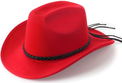 DRESHOW Western Cowboy Hat for Men Women Cowboy Cowgirl Hat Outdoor Wide Brim Retro Felt Fedora Hats Unisex Rolled up Caps - color: 1 Pack Style 8: Red