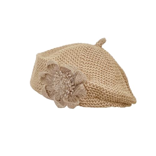 Women Summer French Beret Lady Slouchy Crochet Beret Hats 3D Flower Artist Painters Woven Beach Beanie Cap - color: Khaki